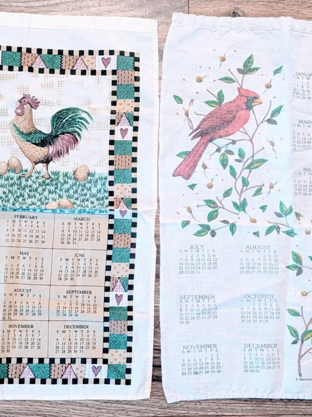 VTG Set of 2 Calendar Tea Towels Linen Cotton 22x15 1991 2009 Cottagecore Farm